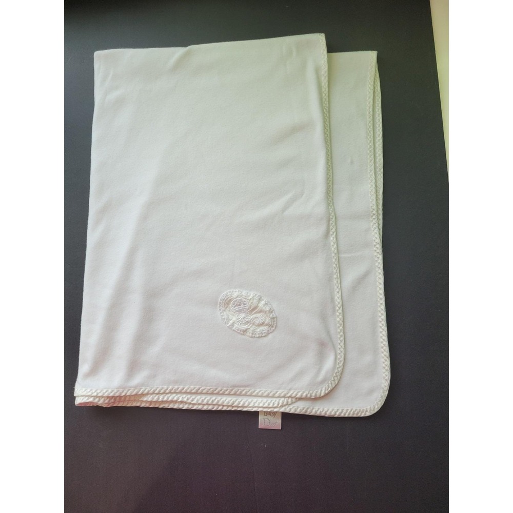 Vintage Baby Dior White Baby Blanket 36 x 30 Luxury Nursery Cotton Satin Edge